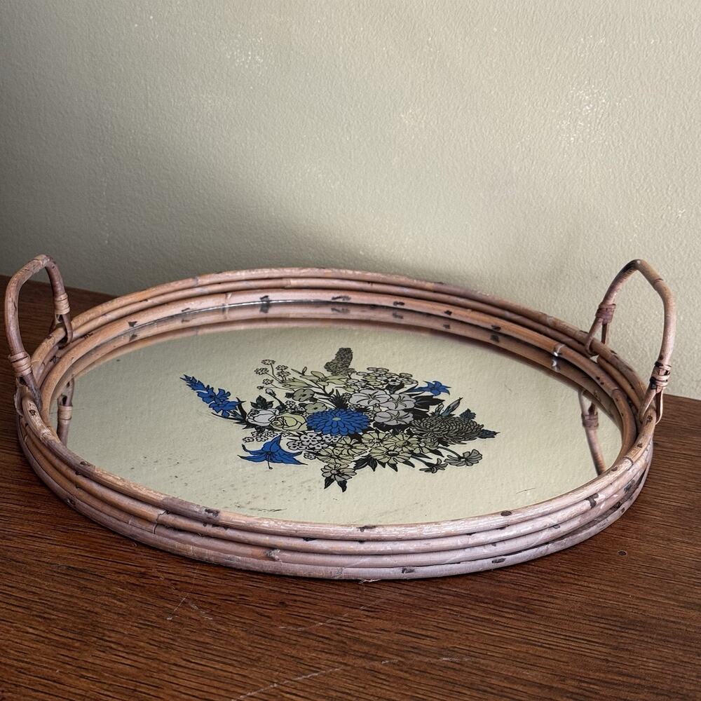 Vintage French Floral Wicker Bamboo Mirrored Tray Flowers Wooden Mirror Damage